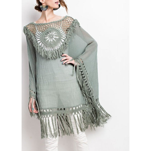 Free Spirit Fringe Crochet Poncho- Vintage Sage