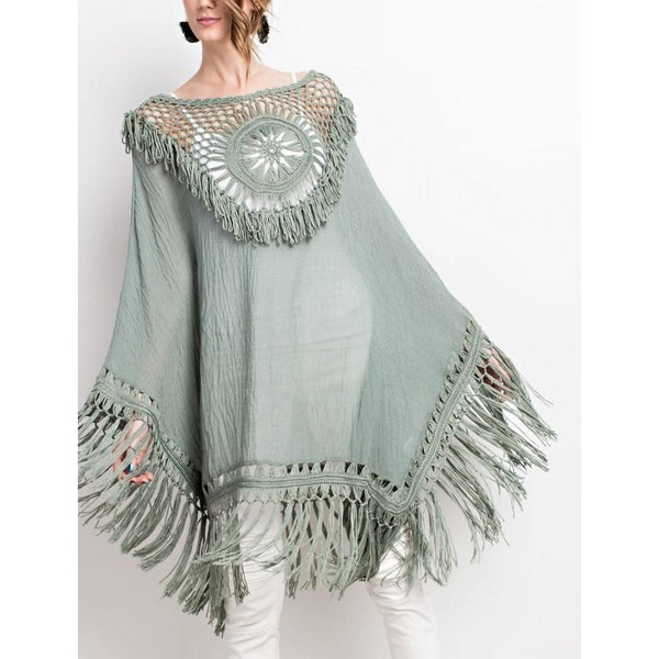 Free Spirit Fringe Crochet Poncho- Vintage Sage