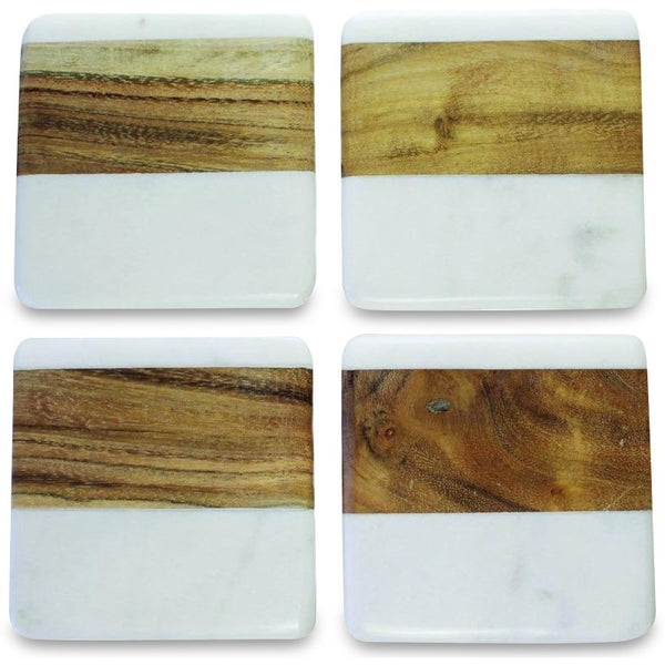 White Marble & Acacia Coasters